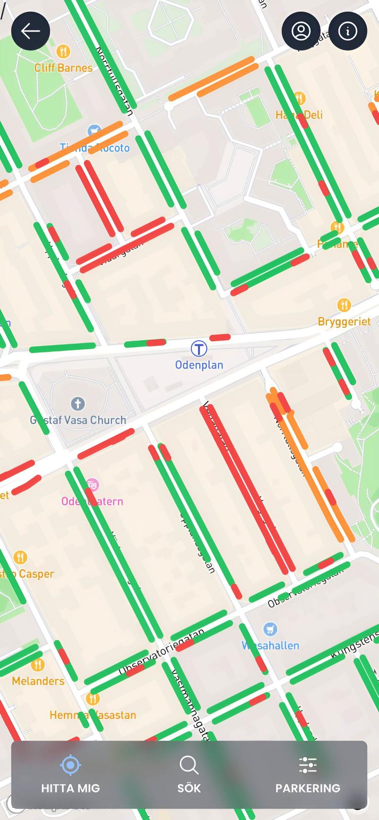 Map displaying streets highlighted in green, red, and orange, indicating available parking areas